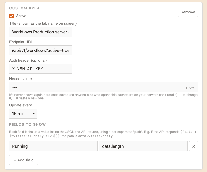 Custom APIs screen